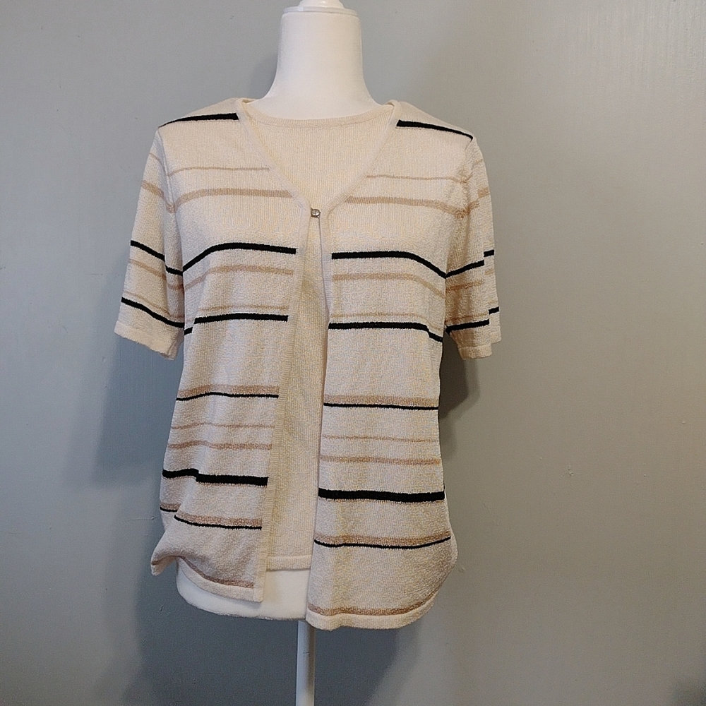 Vintage Minimalist Striped Knitted Short Sleeve Cardigan Blouse Top
